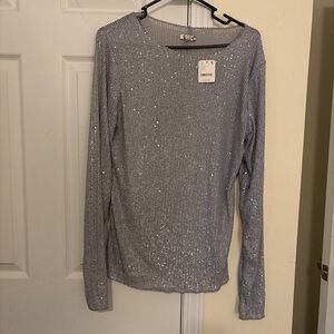 Free People Silver Ribbed Long Sleeve Blouse